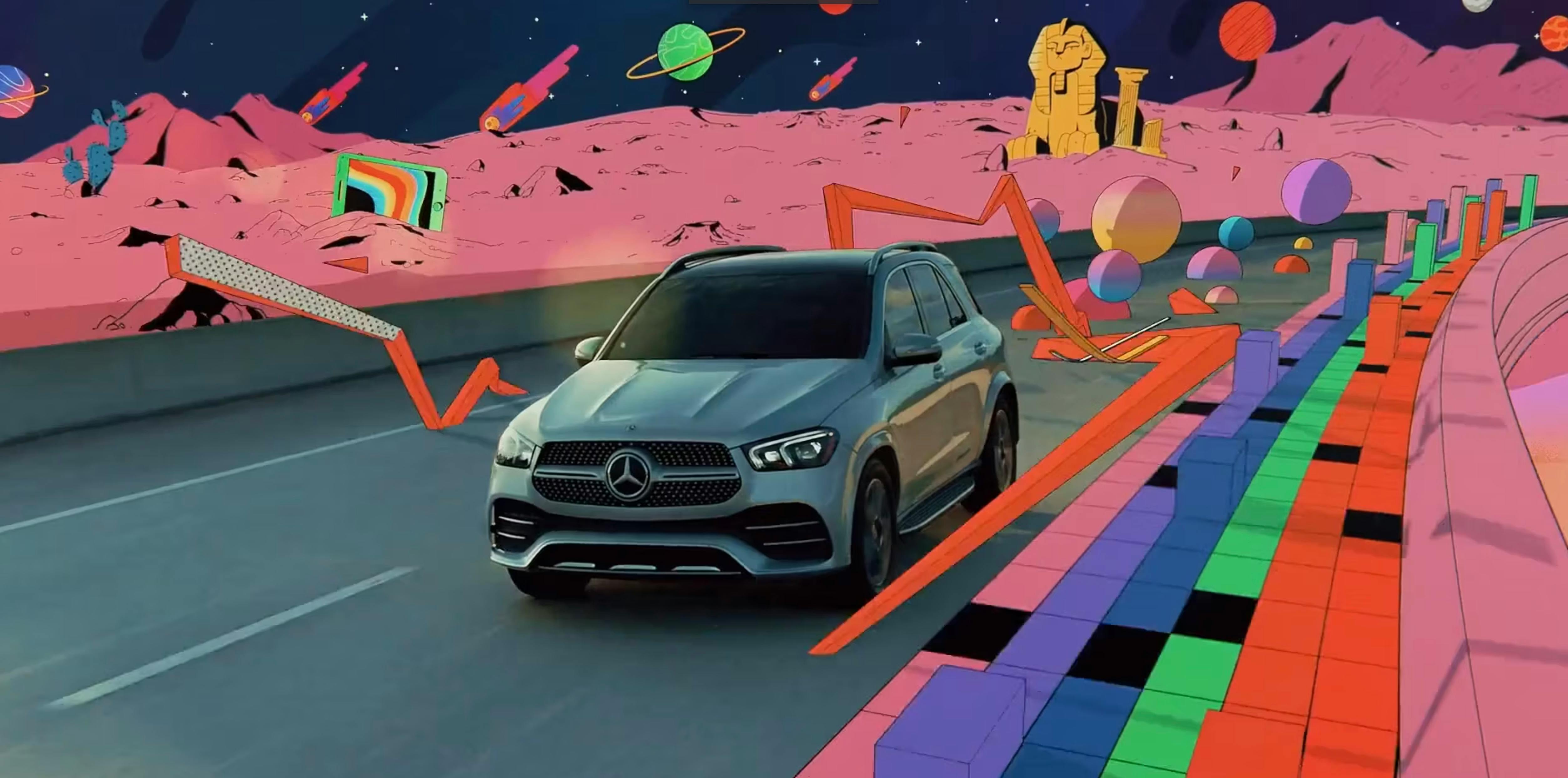 A sleek white SUV driving through a vibrant, neon-colored abstract environment.