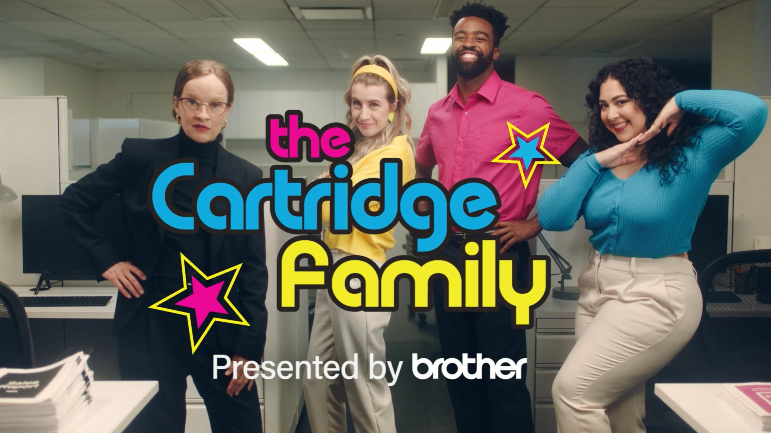 Corporate video production title card of four diverse employees in a modern office, incorporating colorful pop-culture graphics, a star motif, and text overlay on a professional film set.