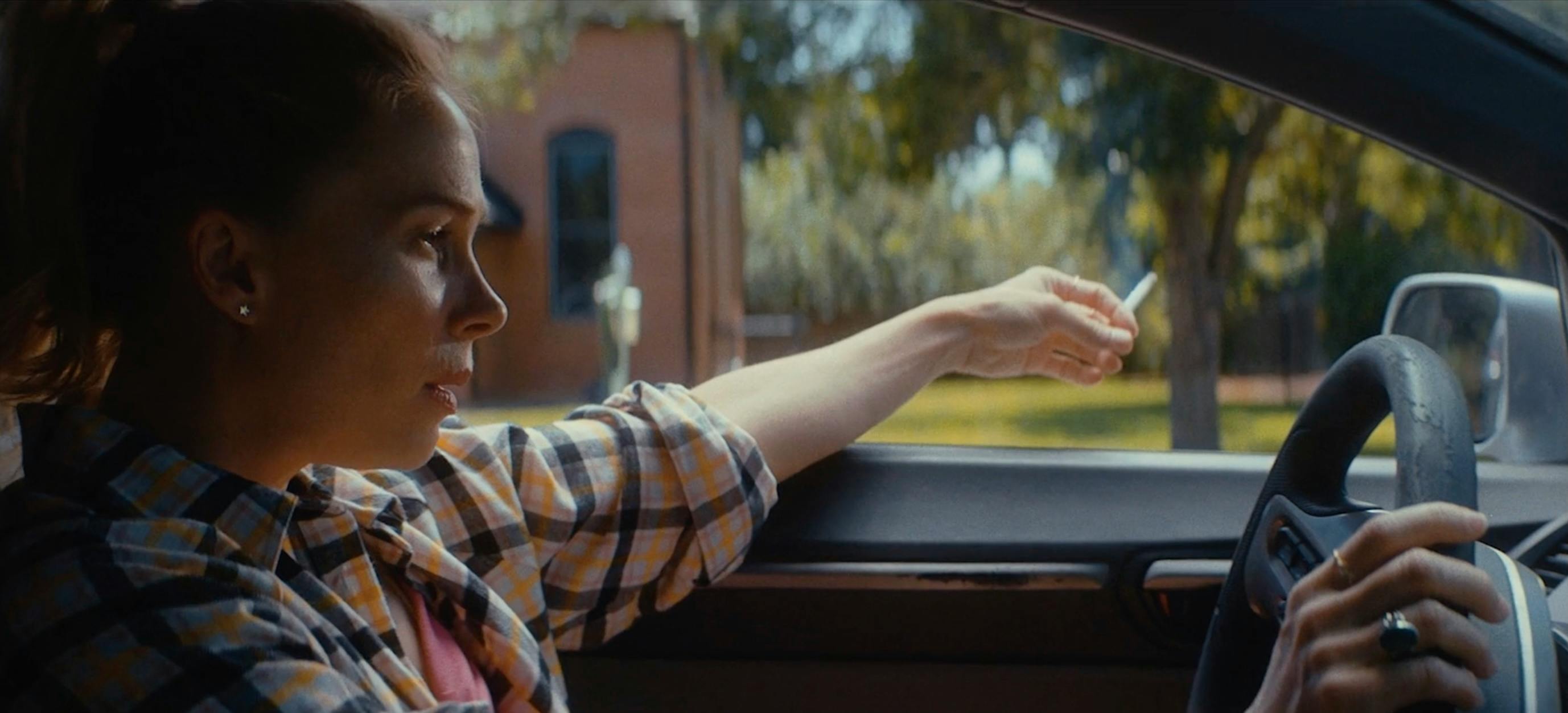 A person’s arm reaching out of a car window toward a scenic outdoor landscape.