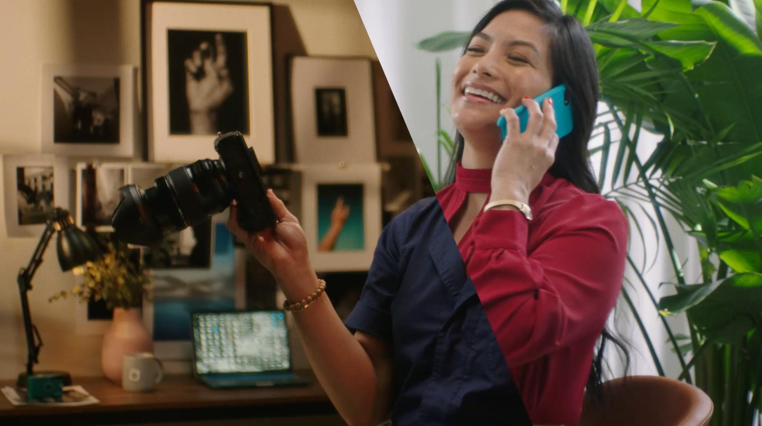 Photographer and professional woman in a split-frame concept, highlighting work-life balance, creativity, and communication in modern digital culture