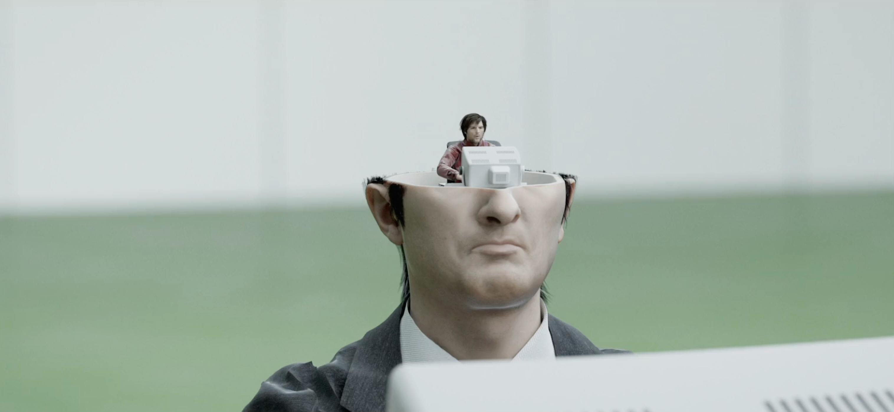 A black and white, surreal image of a person with an abstract, distorted head shape.