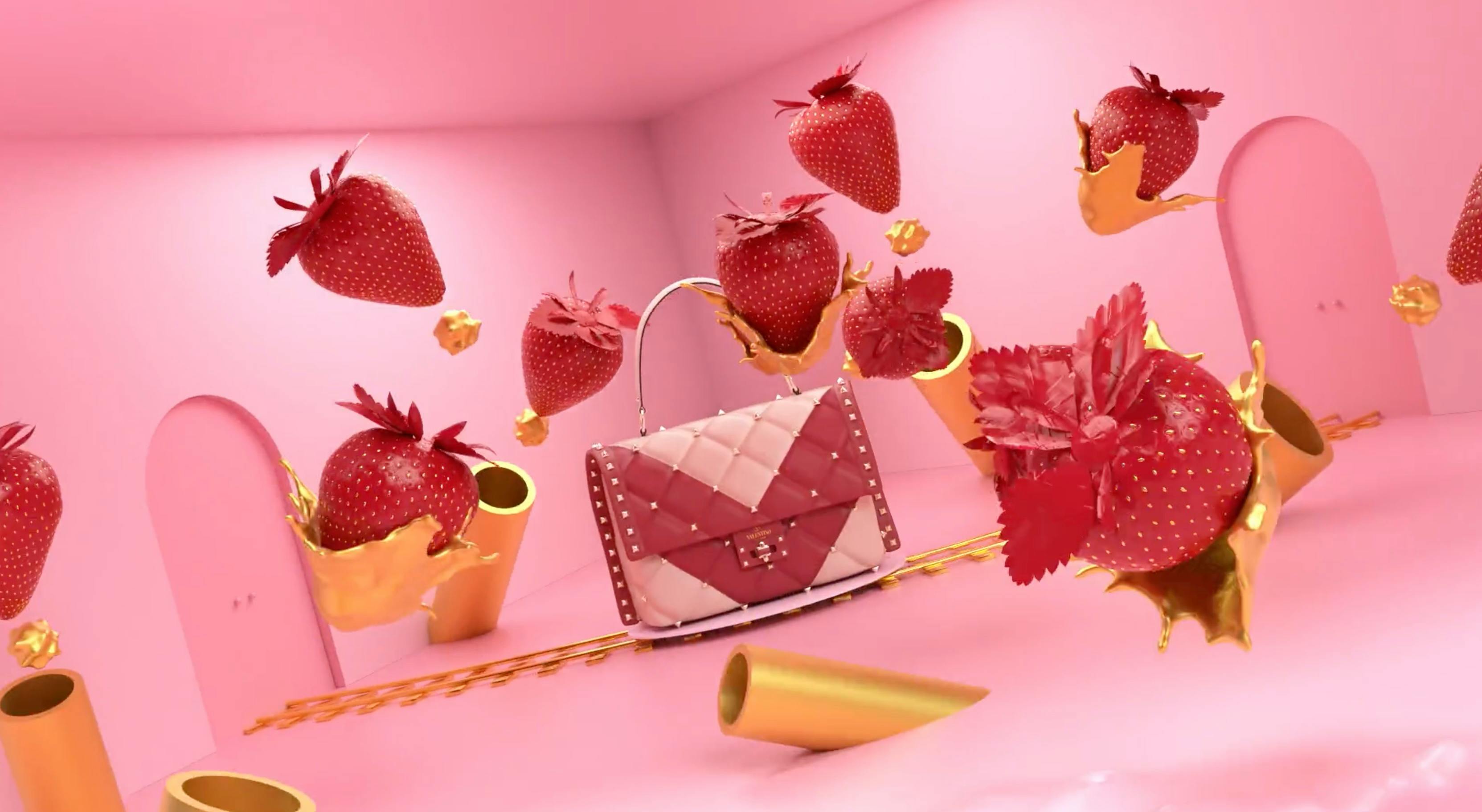 A bright pink, stylized room filled with floating red heart shapes and a luxury handbag.