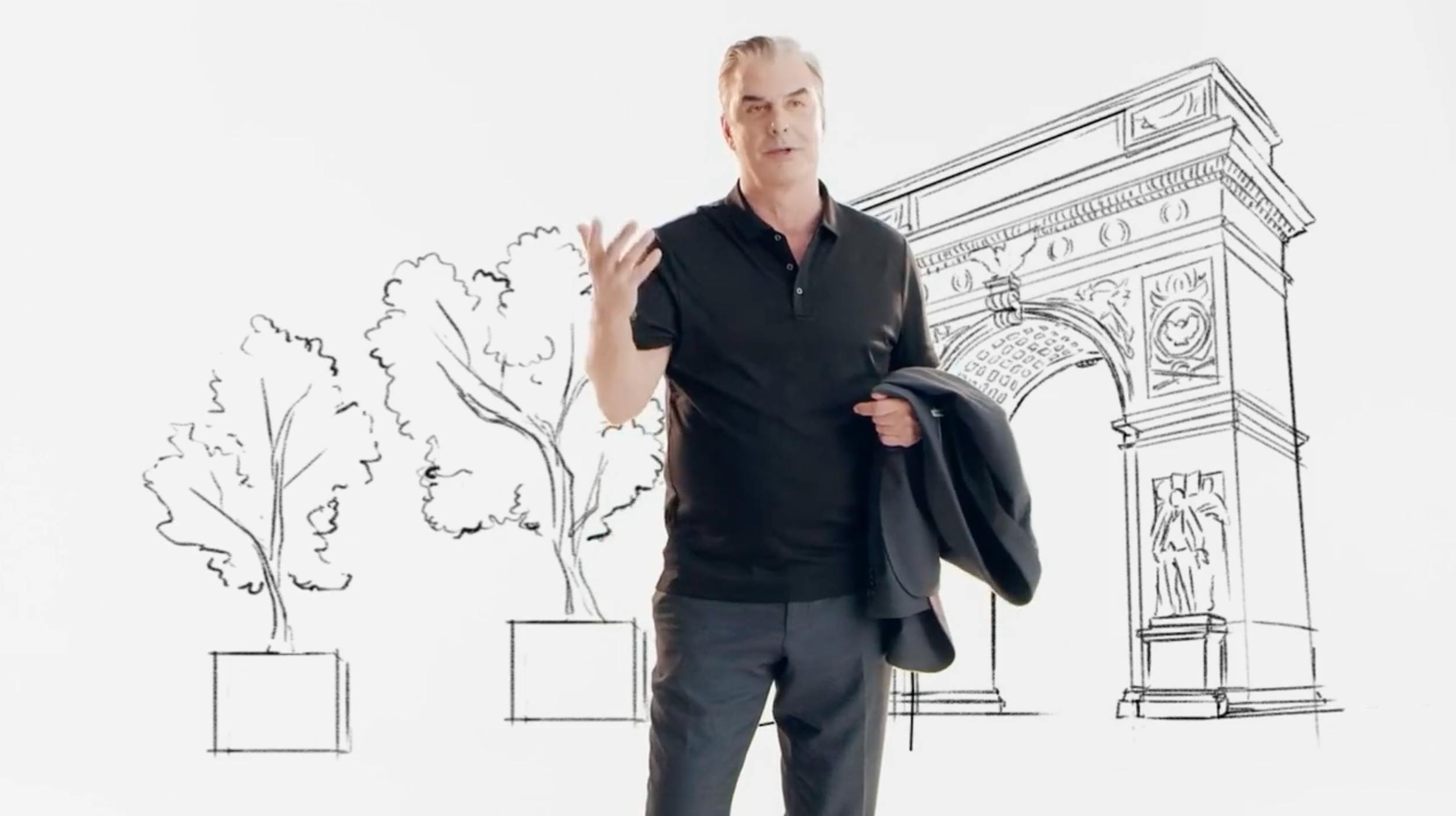 Medium shot of Chris Noth against a minimalist white background with architectural line art. Clean, high-concept visual style perfect for celebrity testimonials or corporate branding