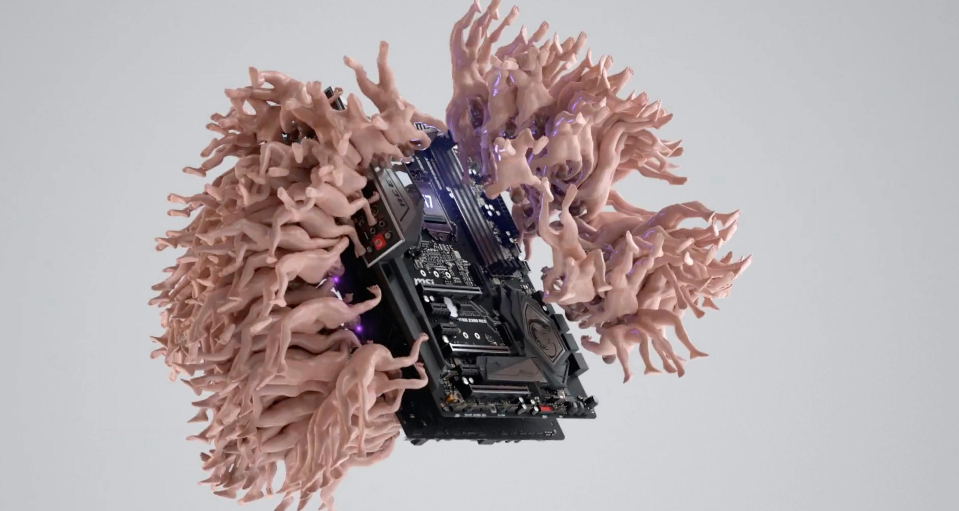 An abstract, sculptural 3D render of pinkish, feathery or organic textures.