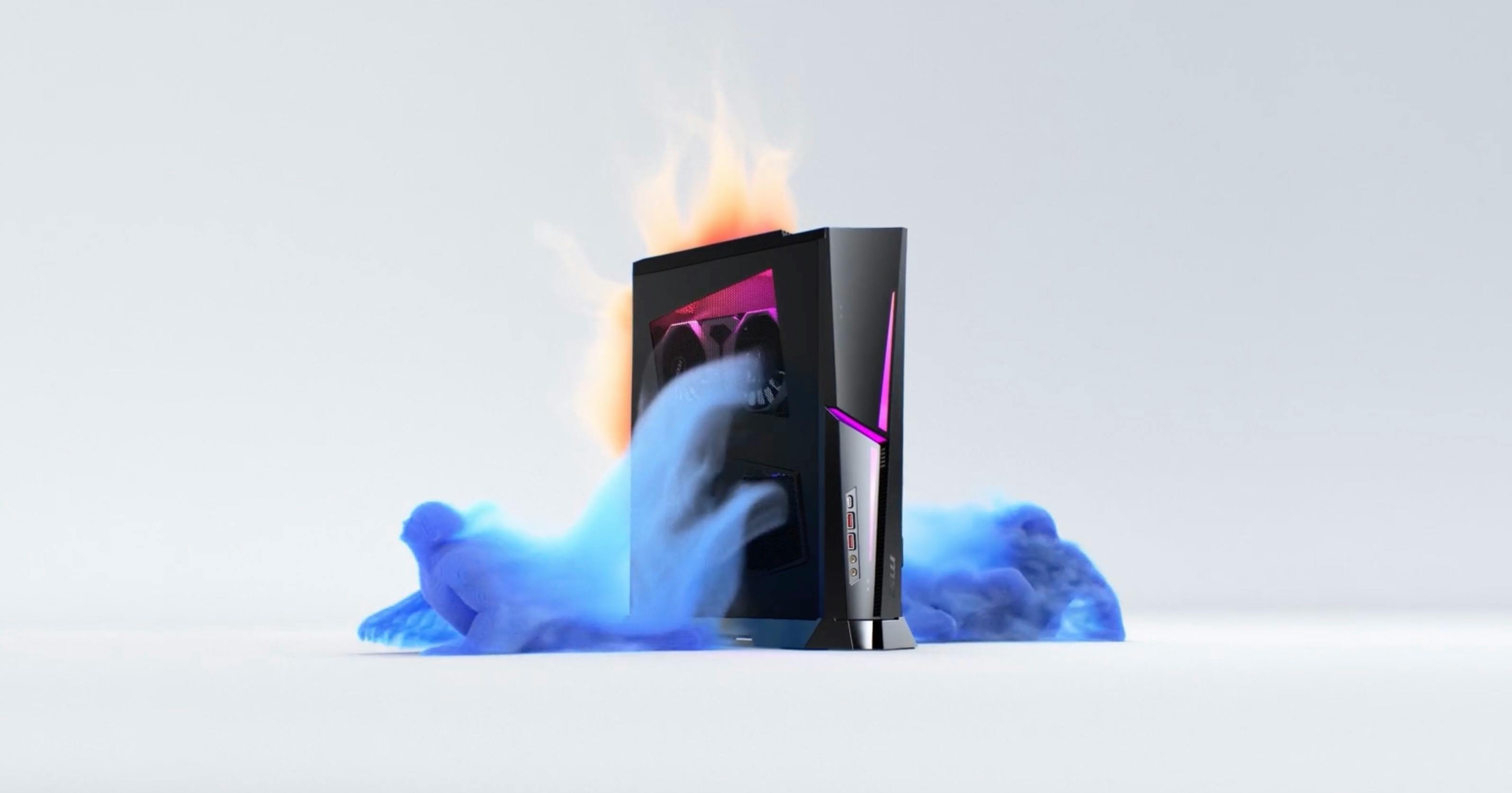 A dark blue book or object with a glowing red top, held by hands in a surreal, smoky environment.