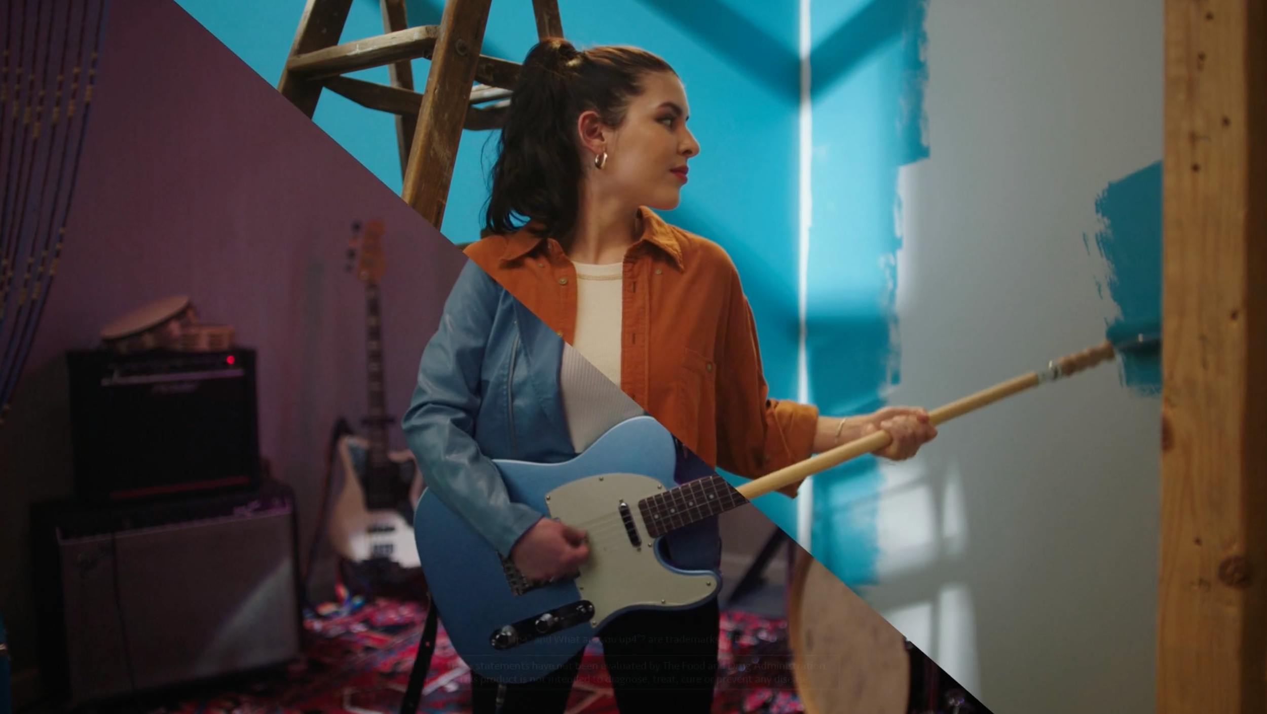 Creative split-scene of a woman painting a wall while holding a guitar, representing creativity, transformation, and modern lifestyle storytelling.