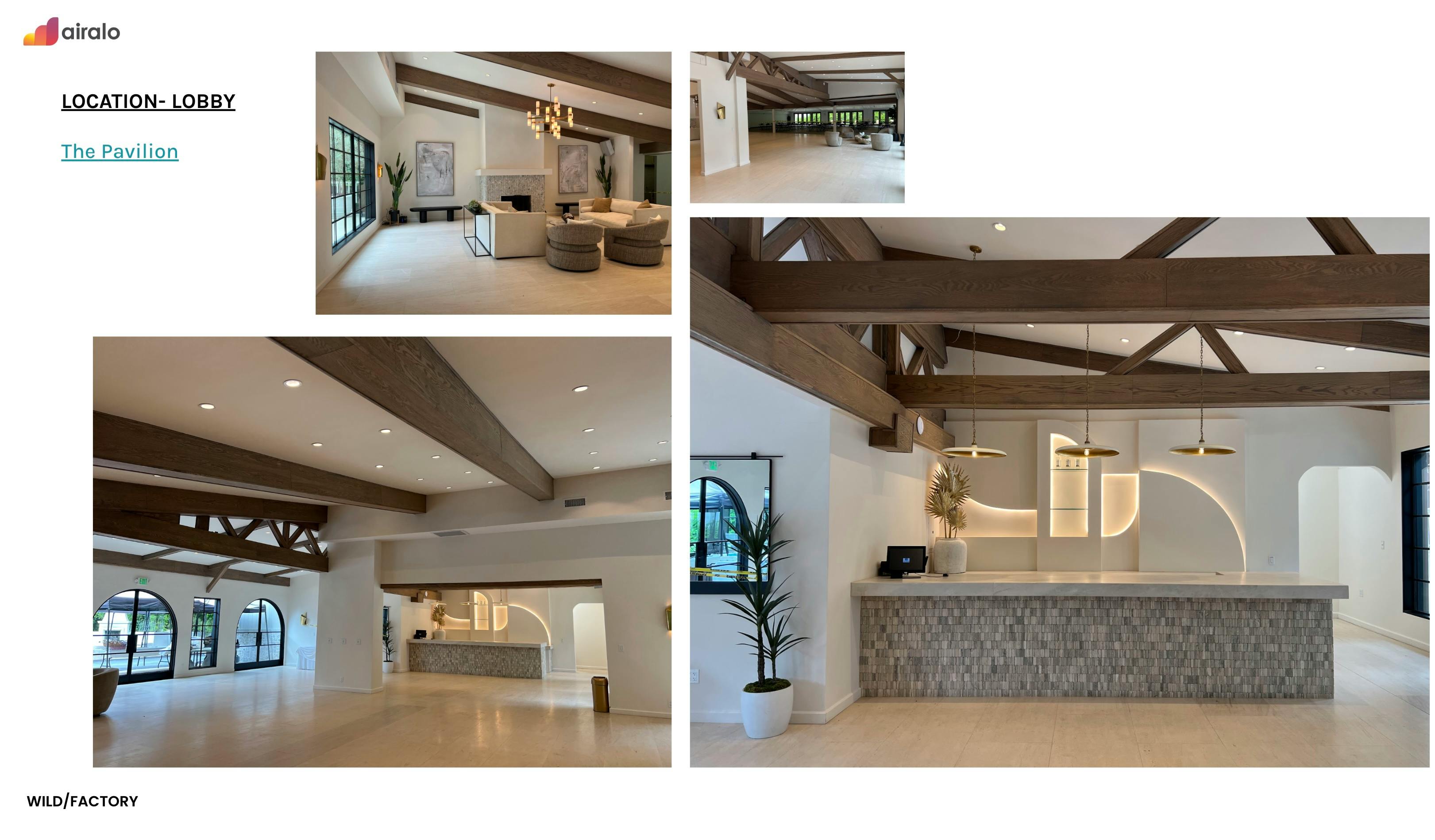 Interior location scouting document showing a modern lobby and hallway, prepared by an on-location production services company for full service video production planning