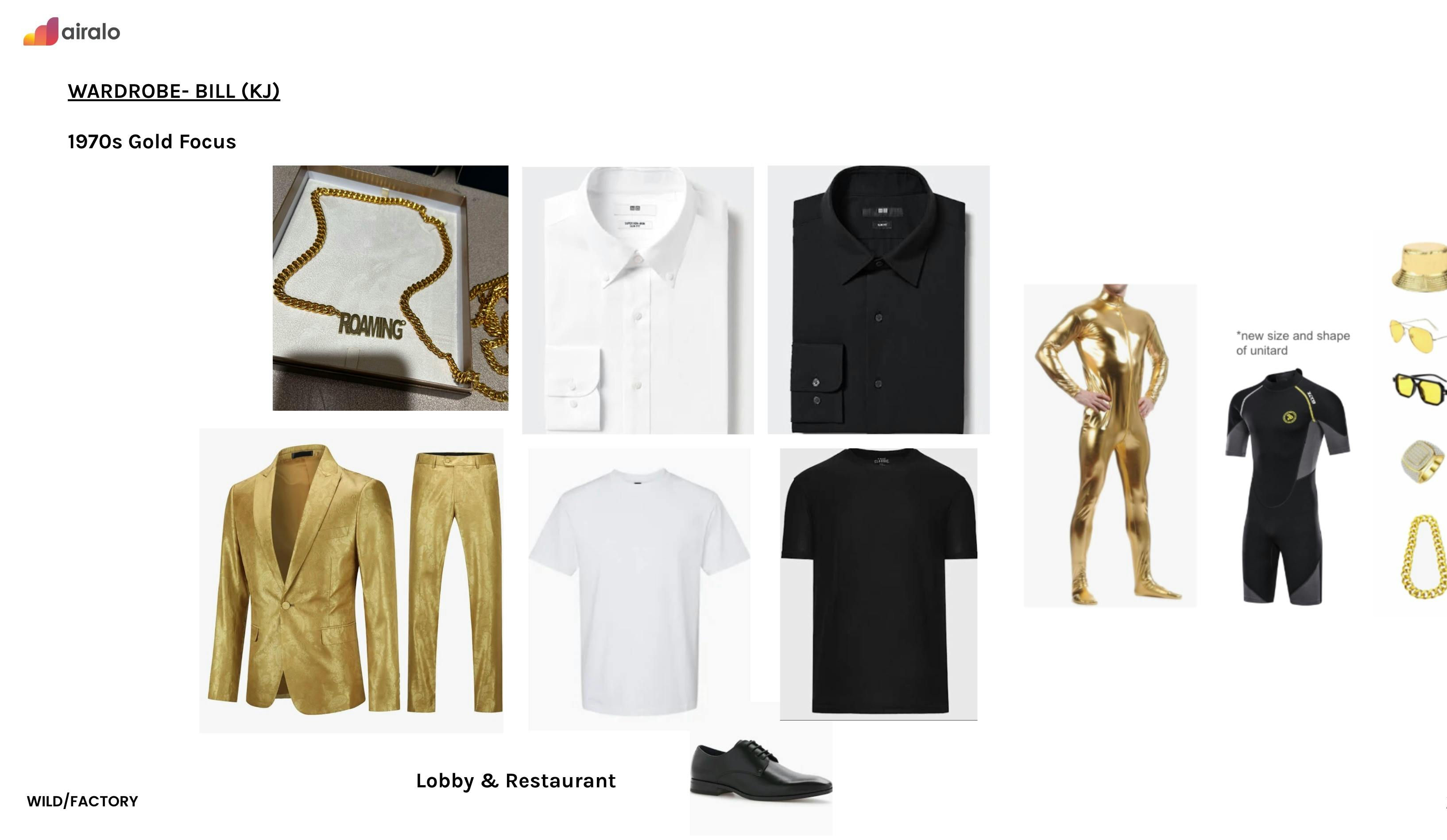 Wardrobe styling mood board with black and gold outfit options, prepared by a full service video production company for film wardrobe styling and branded content production