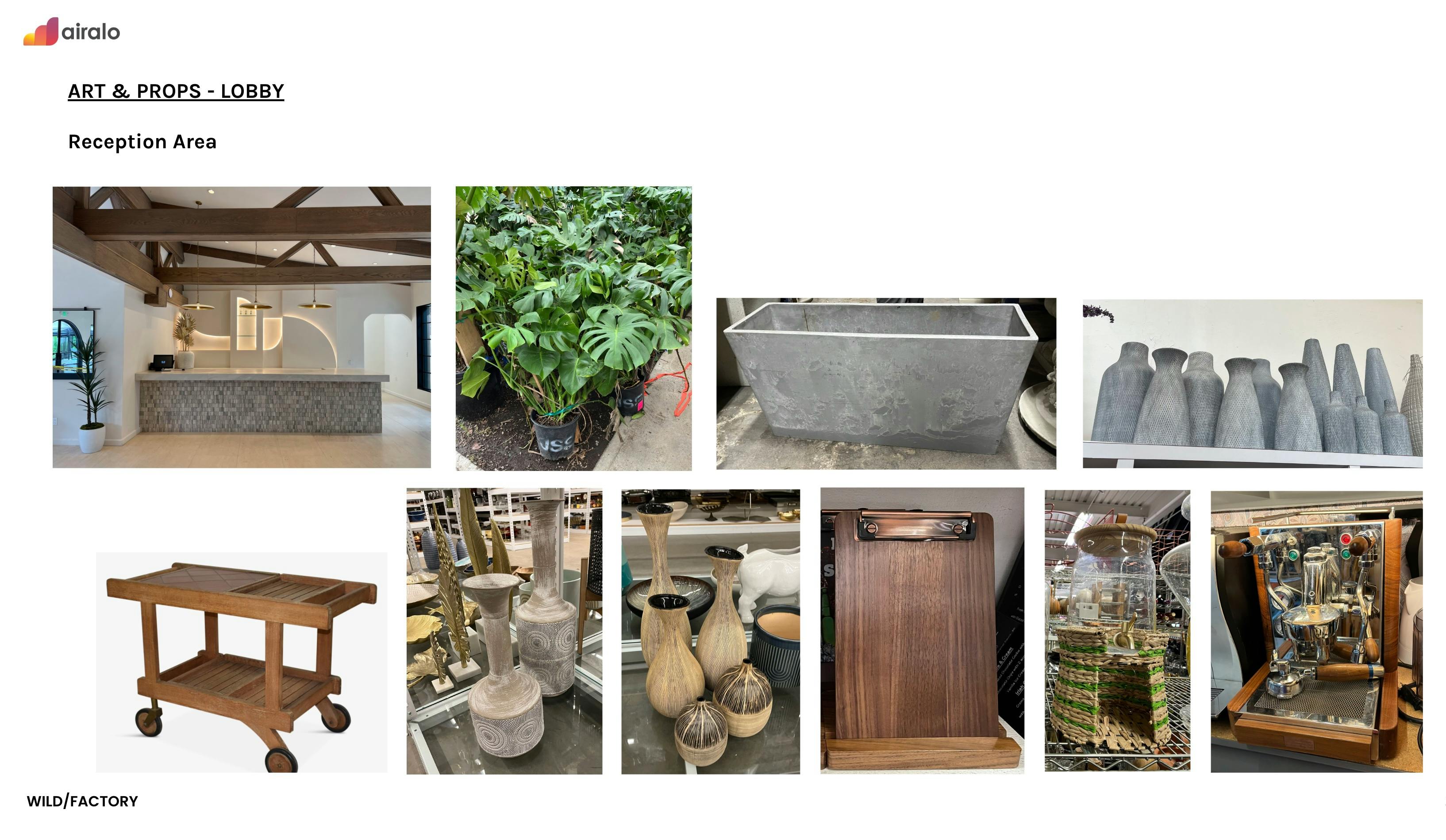 Grid of product and furniture photos on a production document, created by a filmmaking company in California using AI for commercial video production and content planning