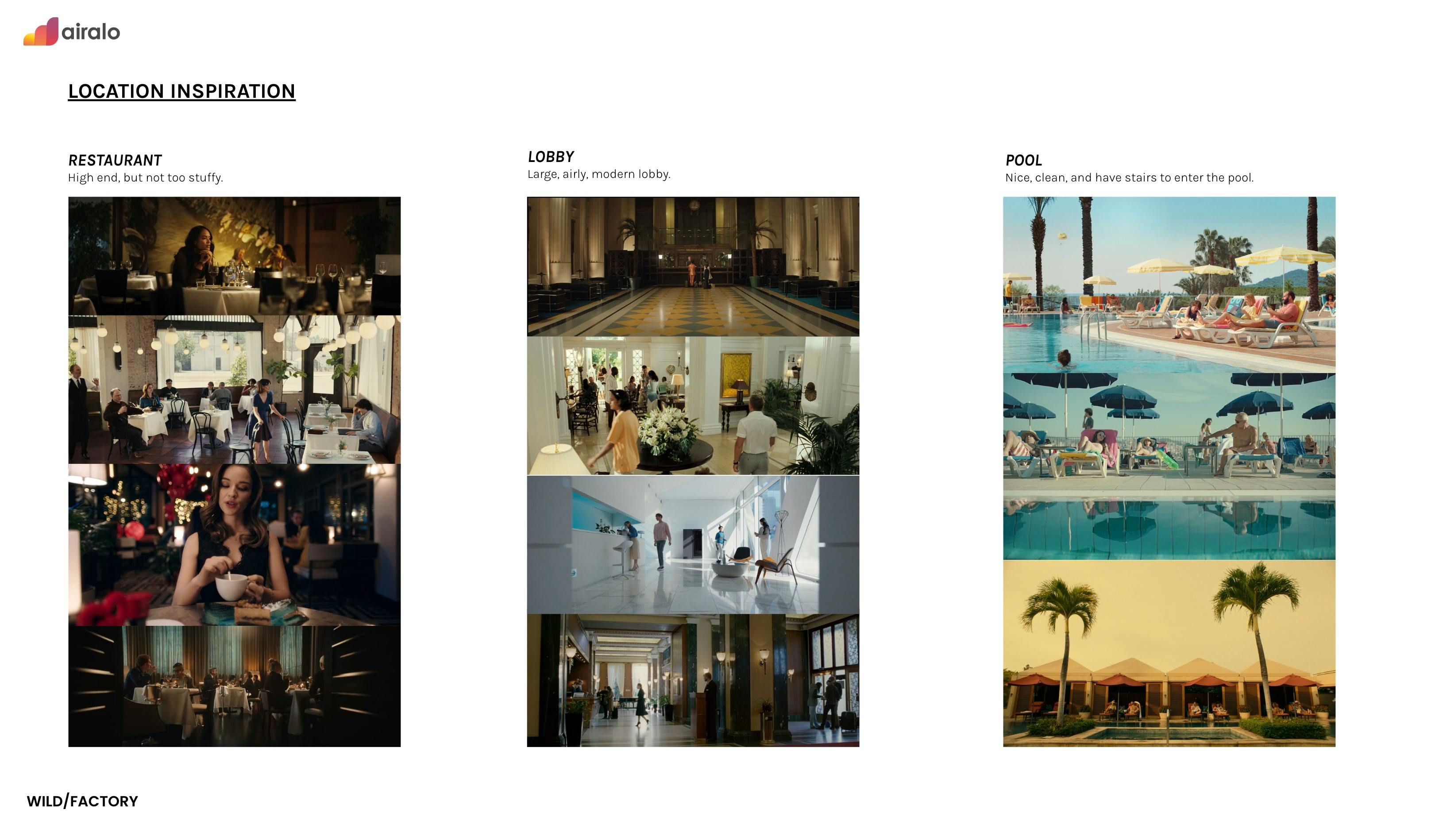 VFX production coordination mood board with poolside and event venue location photos, created by a creative video agency for commercial video production companies in NYC