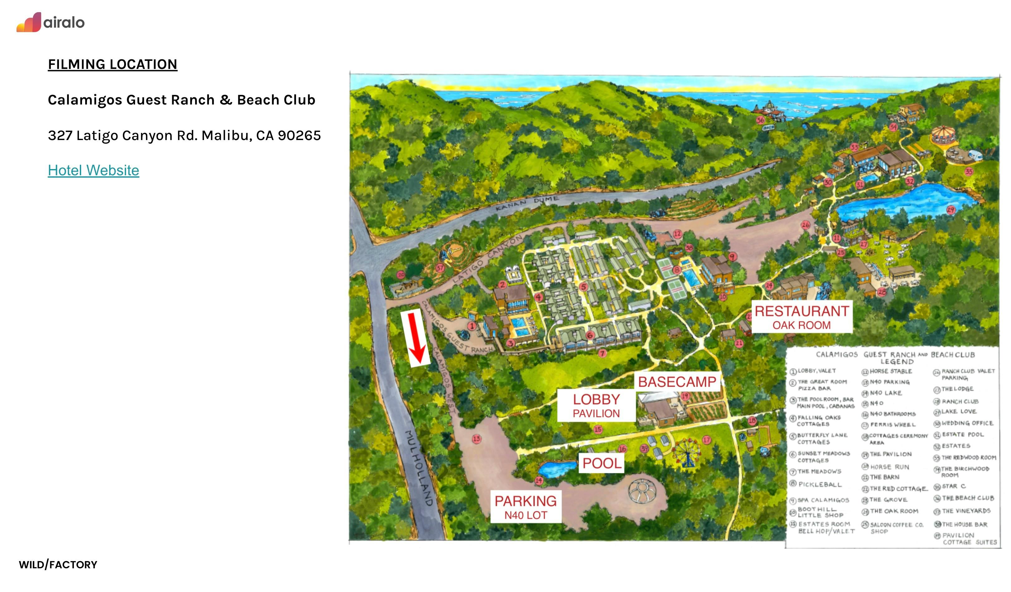 Aerial map layout of a filming location with labeled zones, used by an AI assisted video production company for pre production services and location scouting