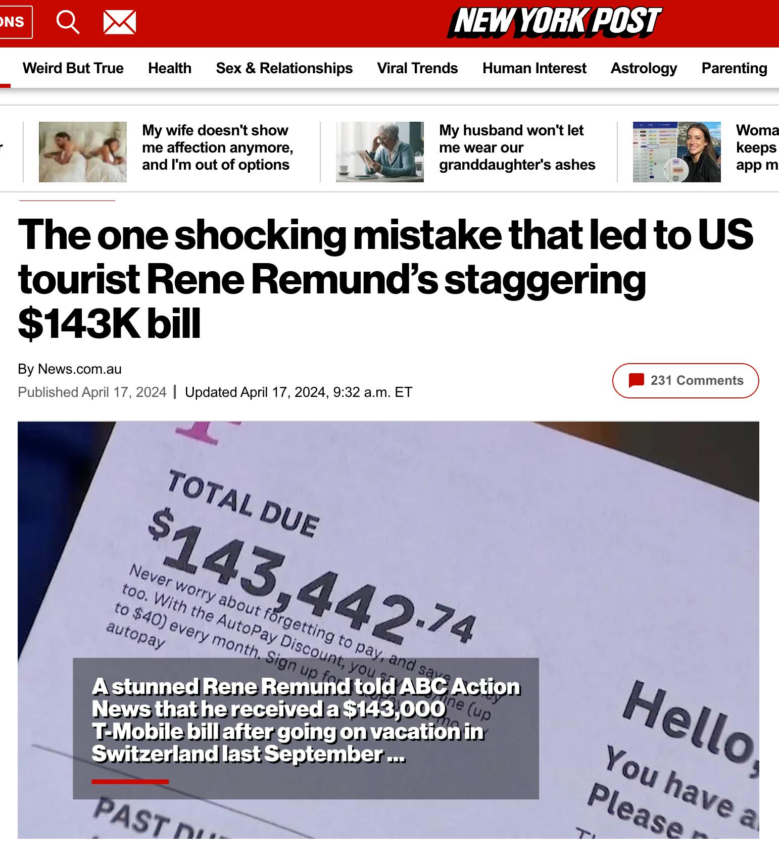 New York Post article screenshot about a shocking $143K T-Mobile bill story, used by a branded content video production studio for storytelling and social media video campaigns