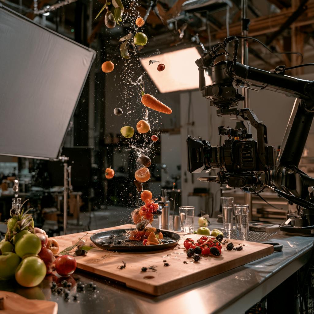 Overhead camera rig and studio lighting positioned above a styled food preparation table.