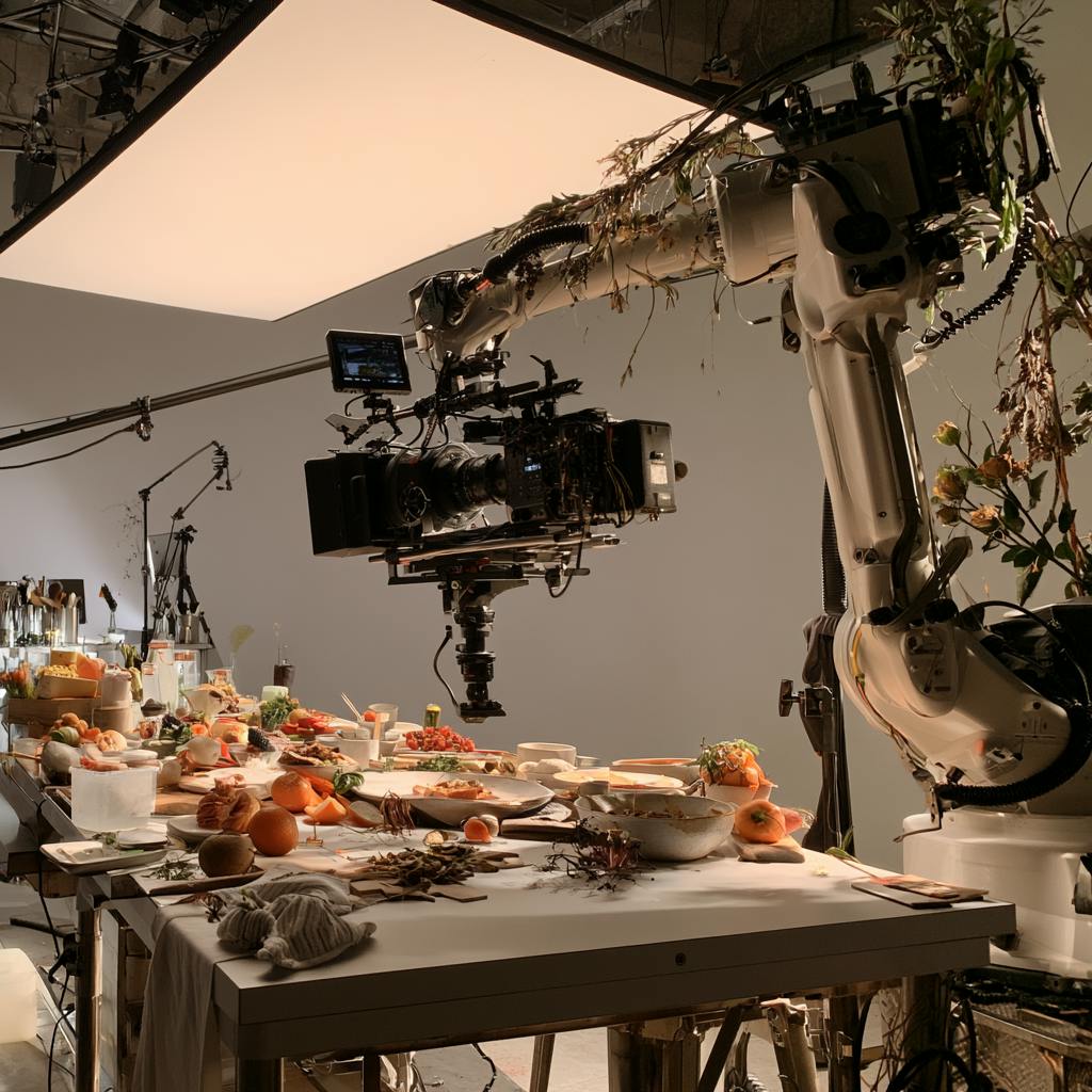 Suspended cinema camera filming a styled food table beneath large studio diffusion panels.