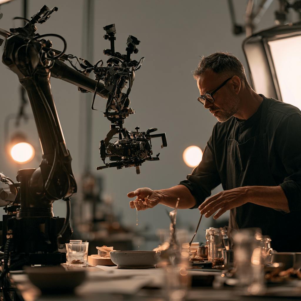 Crew member styling food on a tabletop beside professional camera and lighting equipment.
