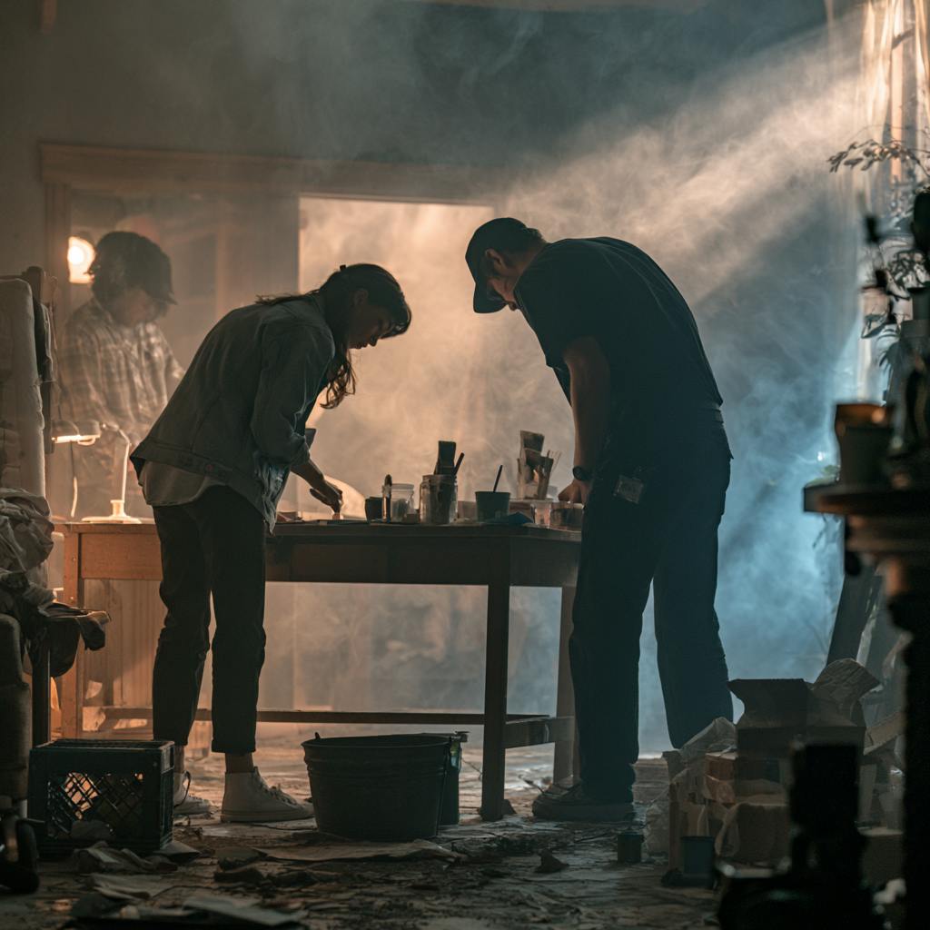 Two crew members arranging tabletop props on a smoky indoor commercial video set.