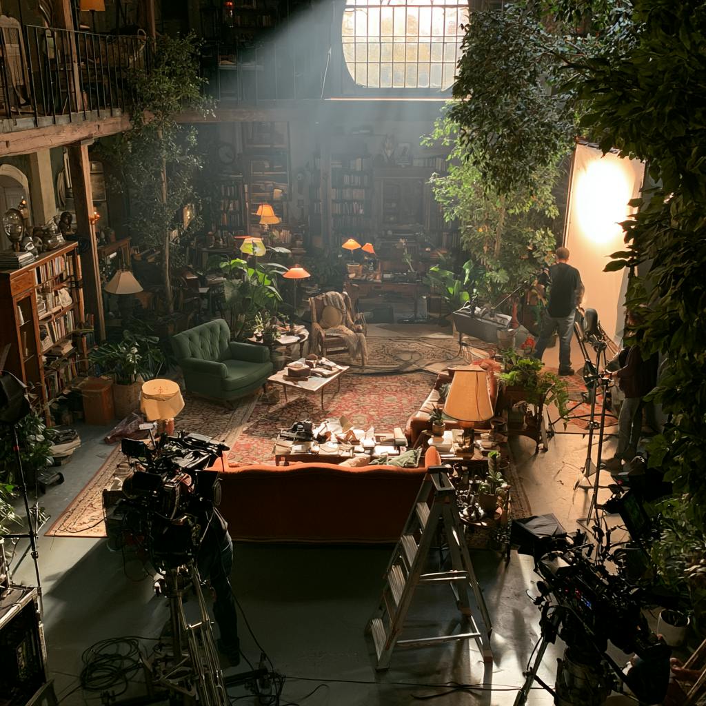 Interior film production set with crew, camera equipment and daylight through tall windows.