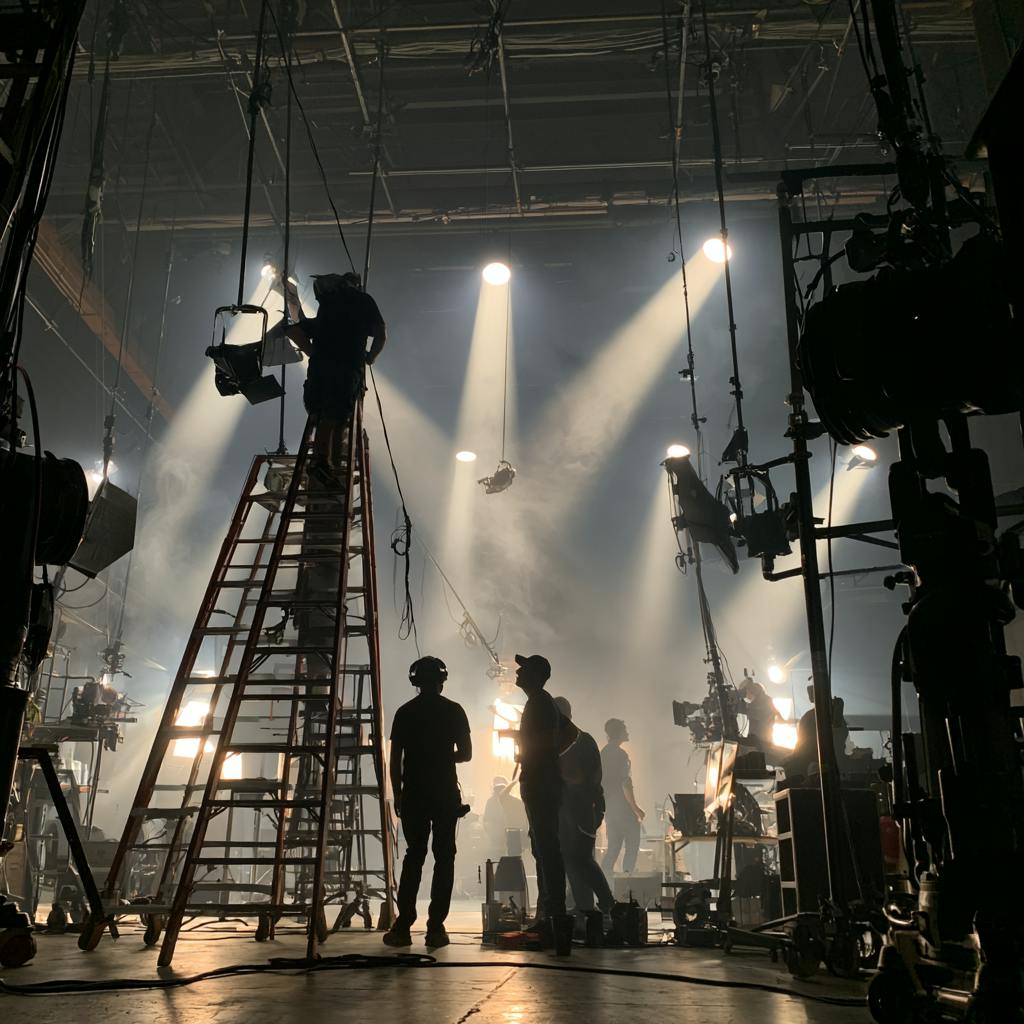 Film crew working beneath suspended studio lights on a dramatic indoor production stage.