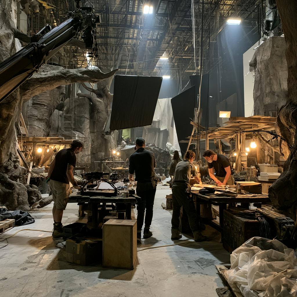 Production crew working among constructed sets, props and lighting equipment in a warehouse studio.