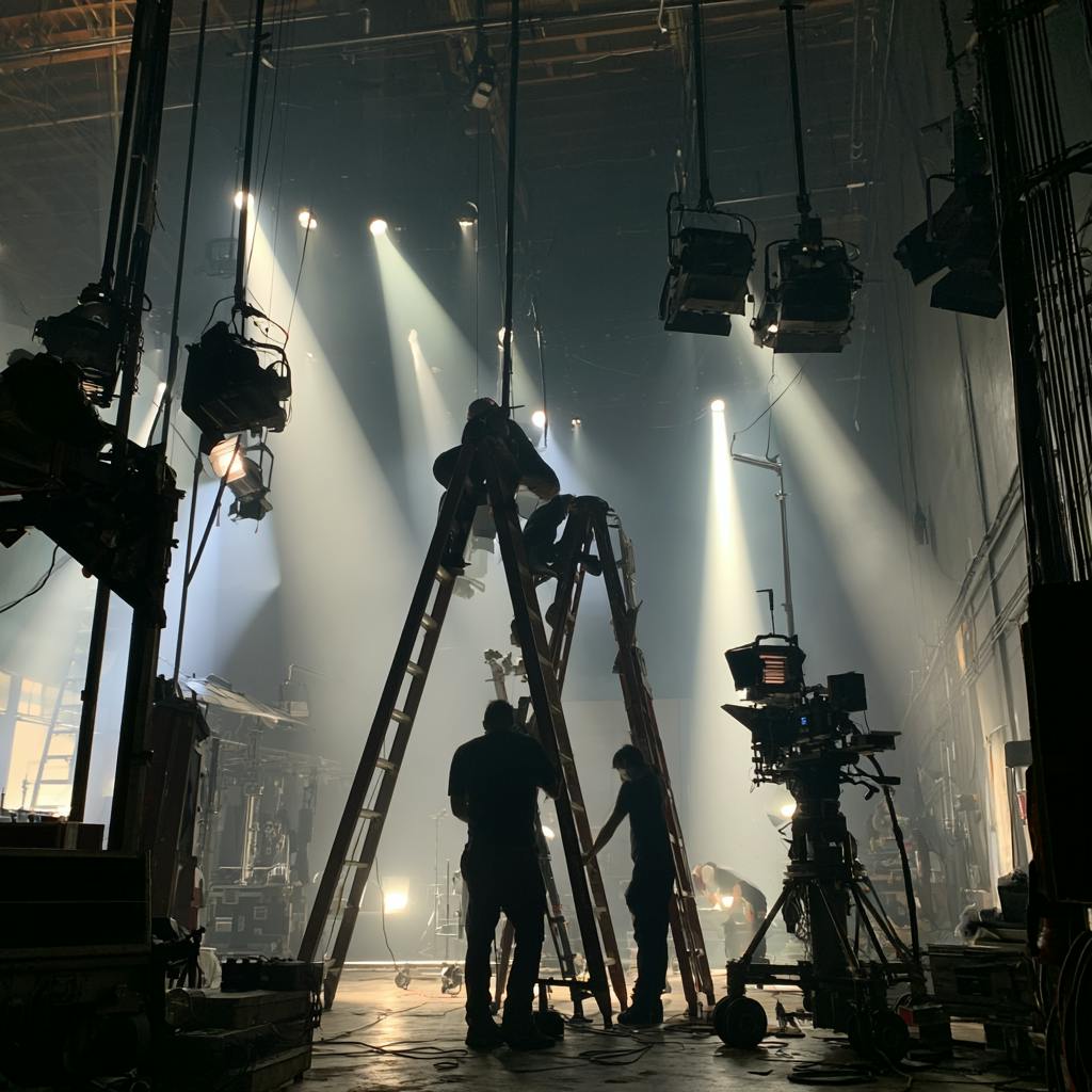 Production team collaborating around a professional cinema camera during a commercial shoot.
