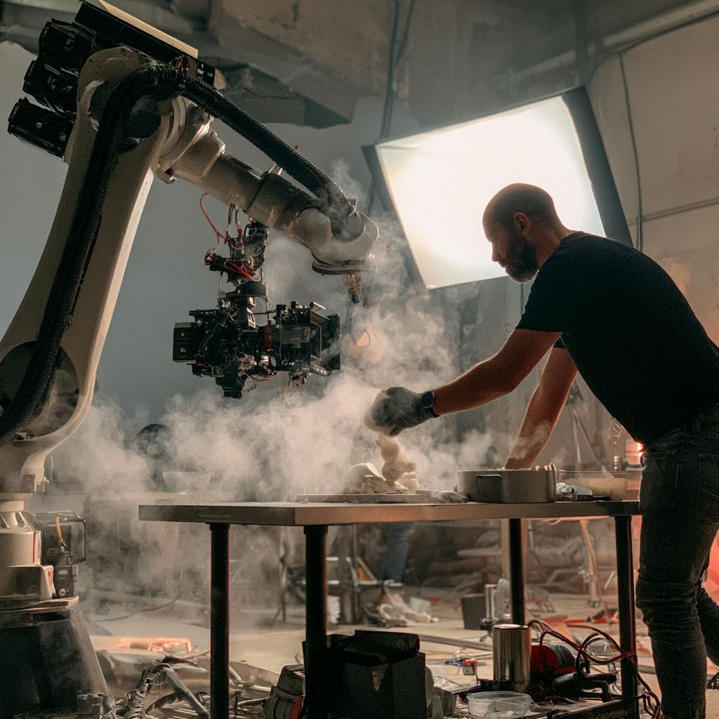 Film crew creating a smoky cooking scene with suspended camera equipment and studio lights.