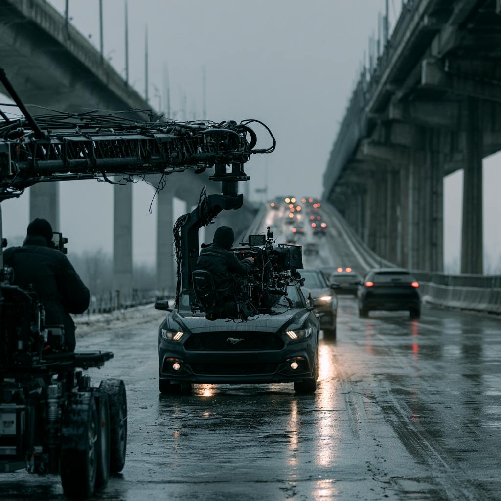 Crew adjusting elevated camera and lighting equipment on a dramatically lit film set.