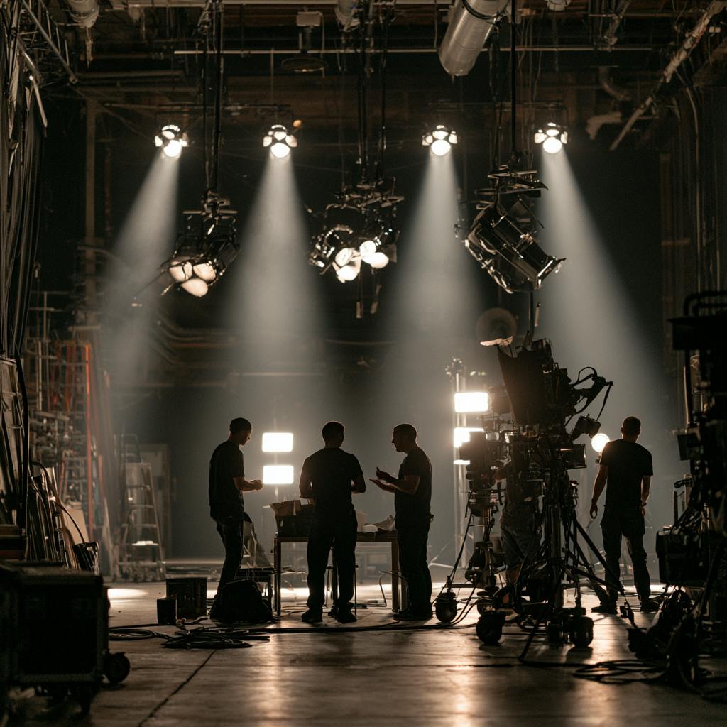 Warmly lit kitchen production set featuring a dining table, greenery and professional film lights.