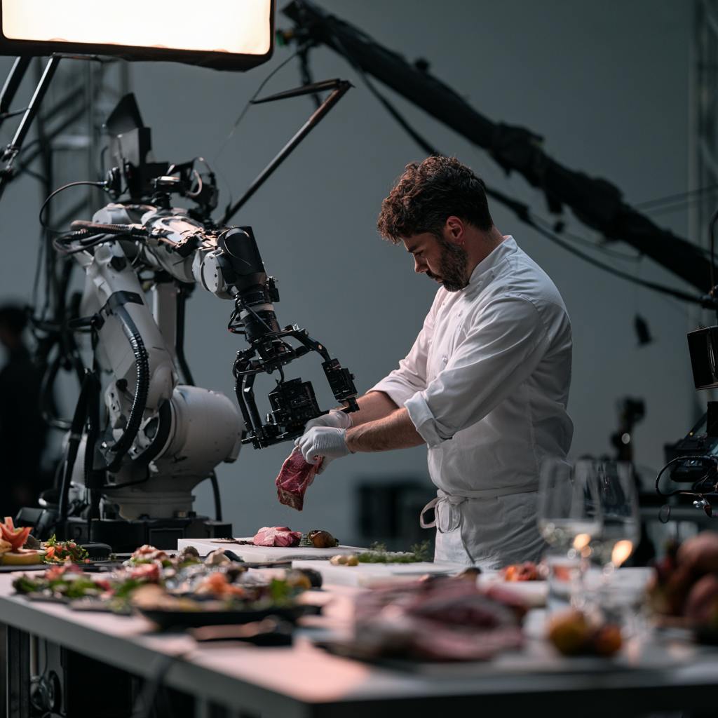 Chef in a white jacket preparing a food scene beneath a professional camera crane.