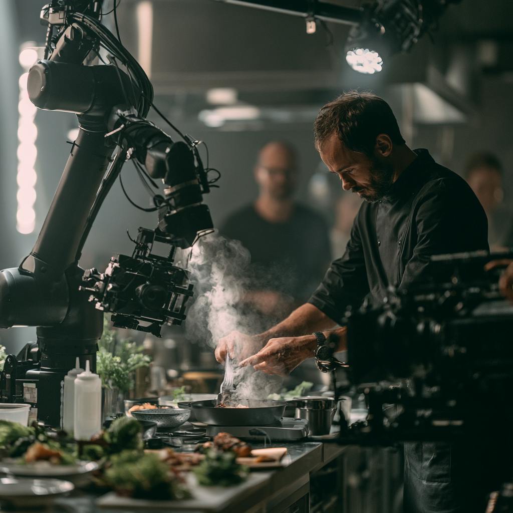 Camera operator filming a food preparation scene on a professionally lit commercial set.