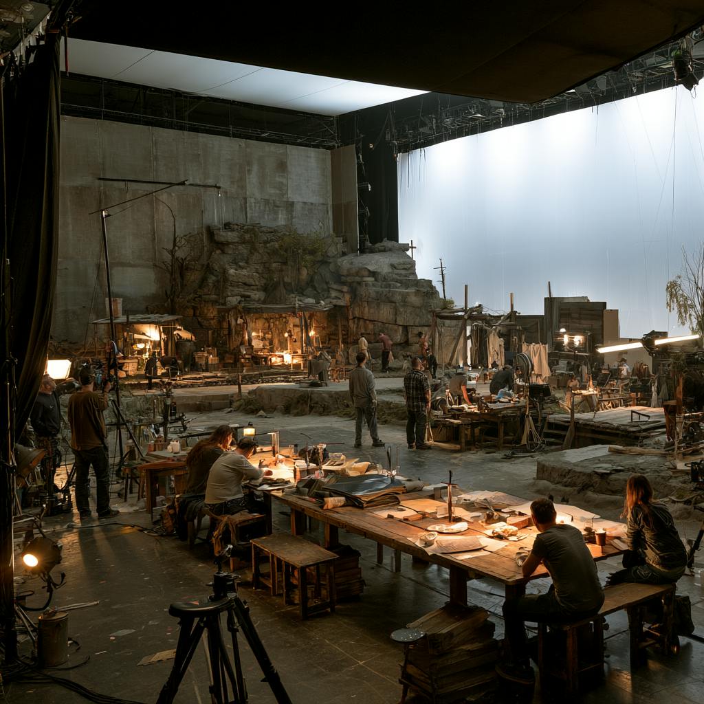 Wide warehouse filming location with production tables, set props and natural window lighting.