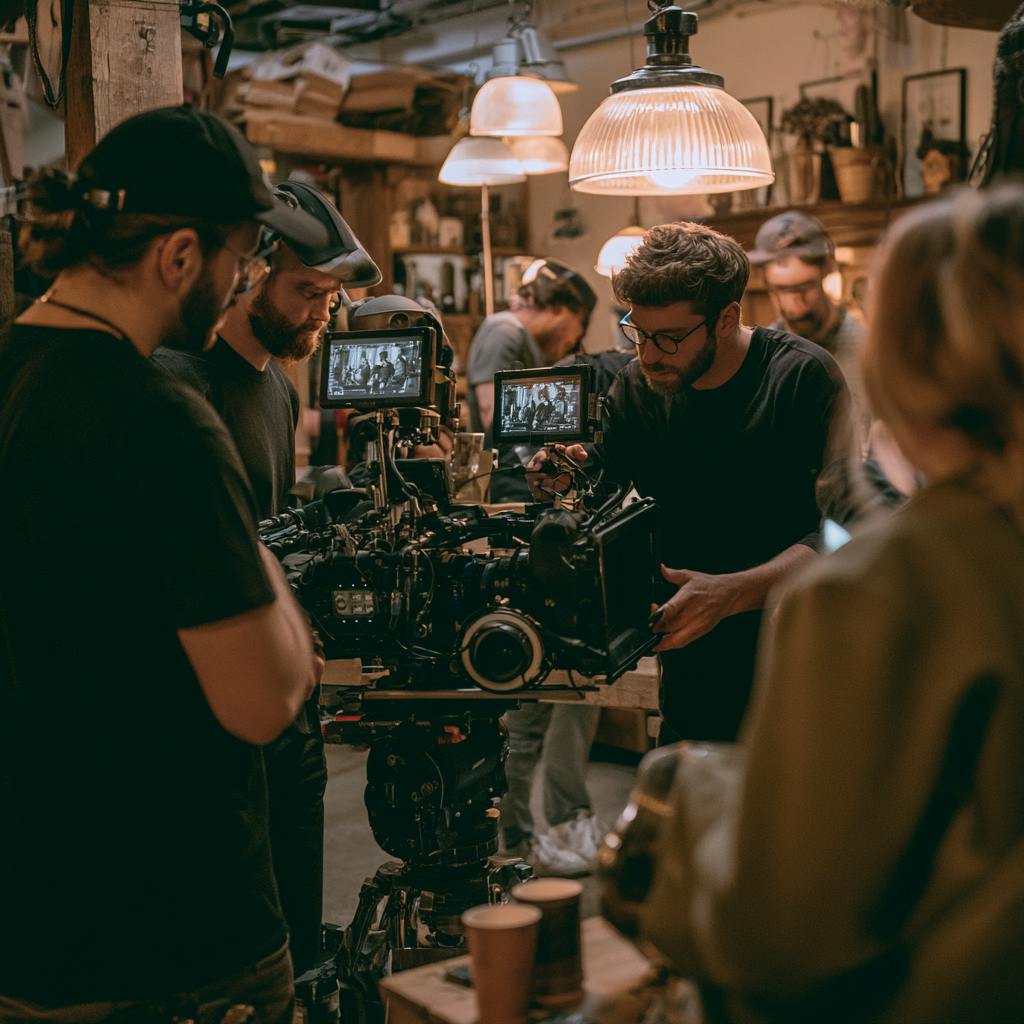 Professional video production crew operating a cinema camera and reviewing shots on set.