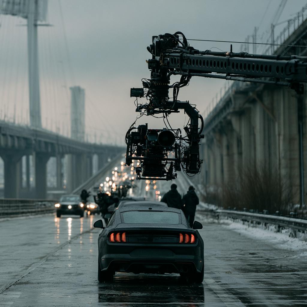 Professional camera crane filming a wet city street beneath an overpass during an outdoor shoot.