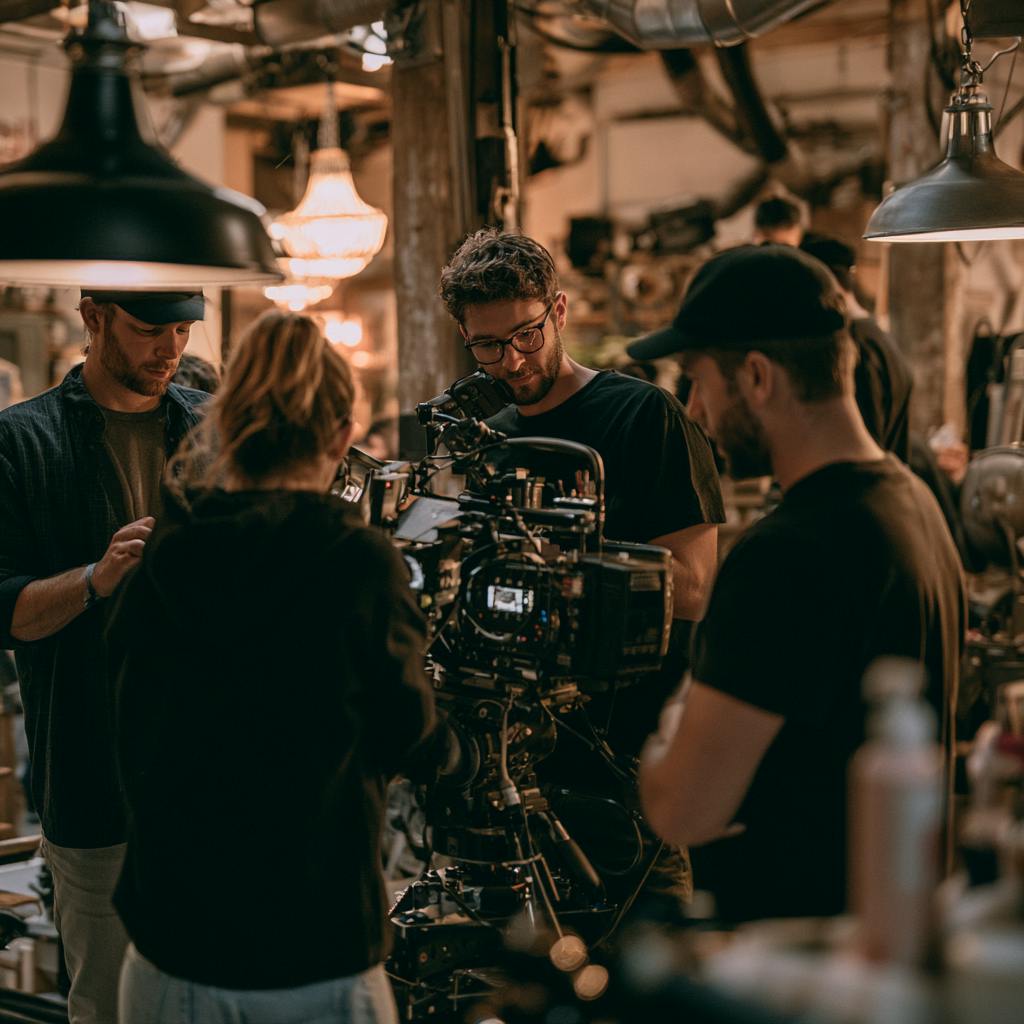 Silhouetted film production crew standing beneath bright spotlights on a dark soundstage.