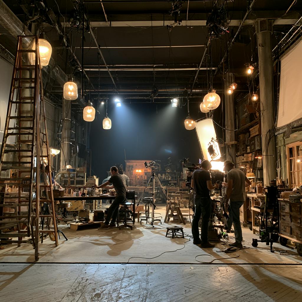 Film crew preparing camera equipment and lighting inside a spacious industrial soundstage.