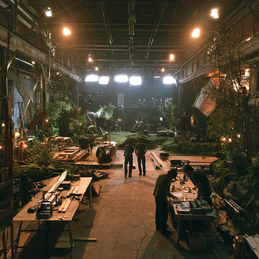 Large industrial film set with crew, production tables and professional lighting for a video shoot.