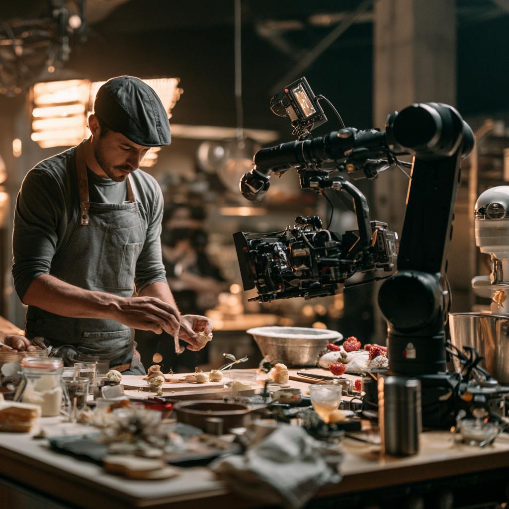 Chef preparing food while a professional cinema camera captures the commercial production.