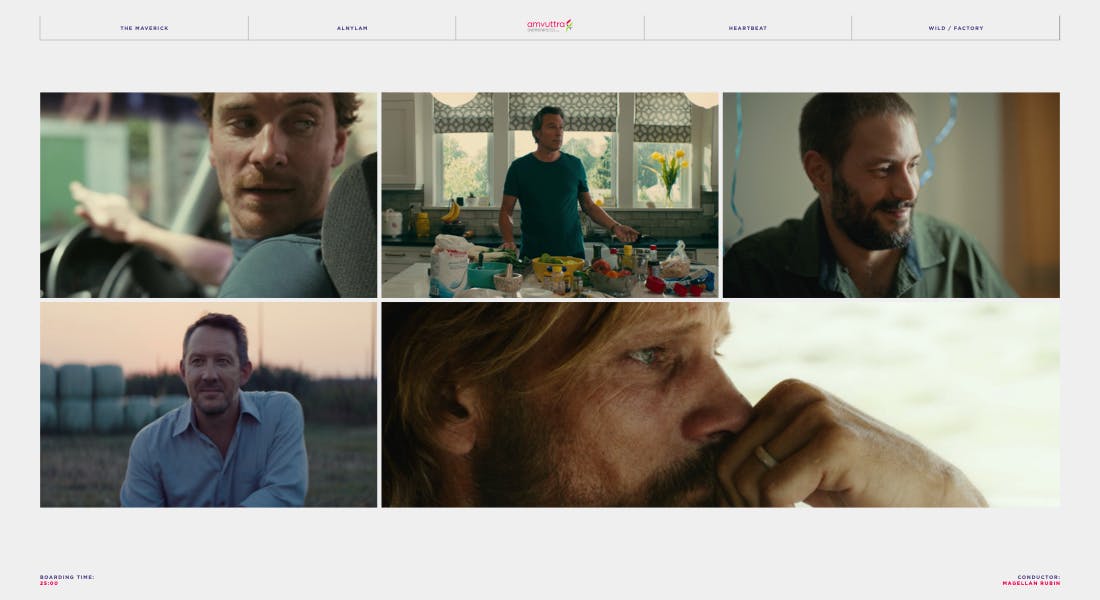 Grid of cinematic male character stills on an inspiration commercials page by a branded content production company