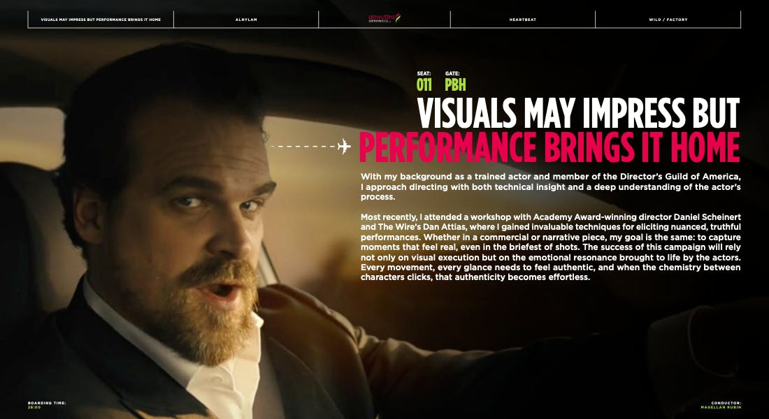 Man driving in a dramatic commercial still on a best ads director roster page by an award winning video production company