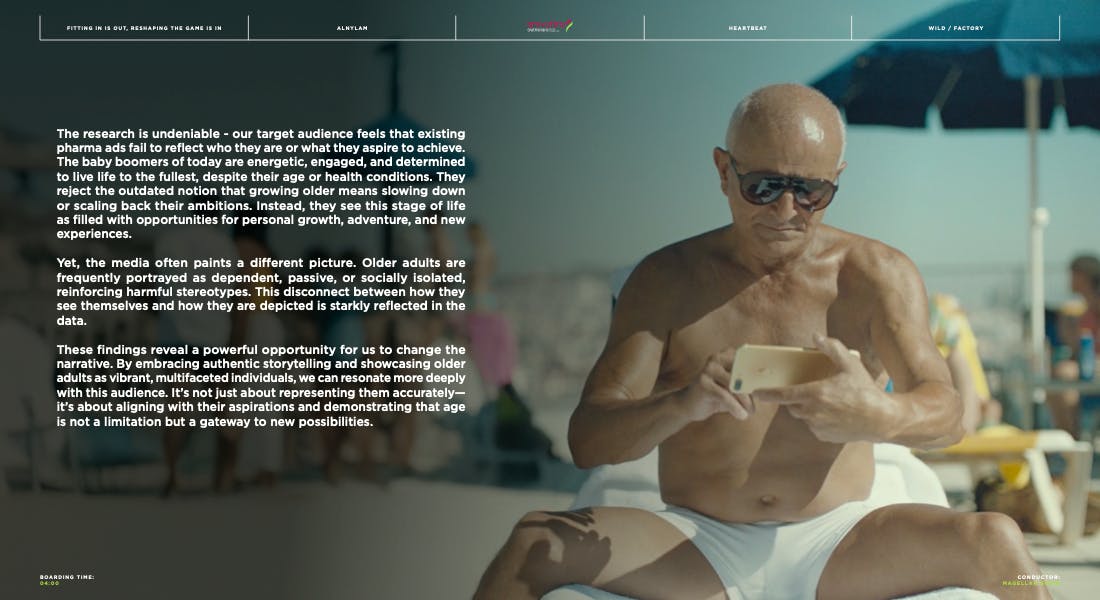 Bald man sitting outdoors on a director portfolio page for a commercial video production company