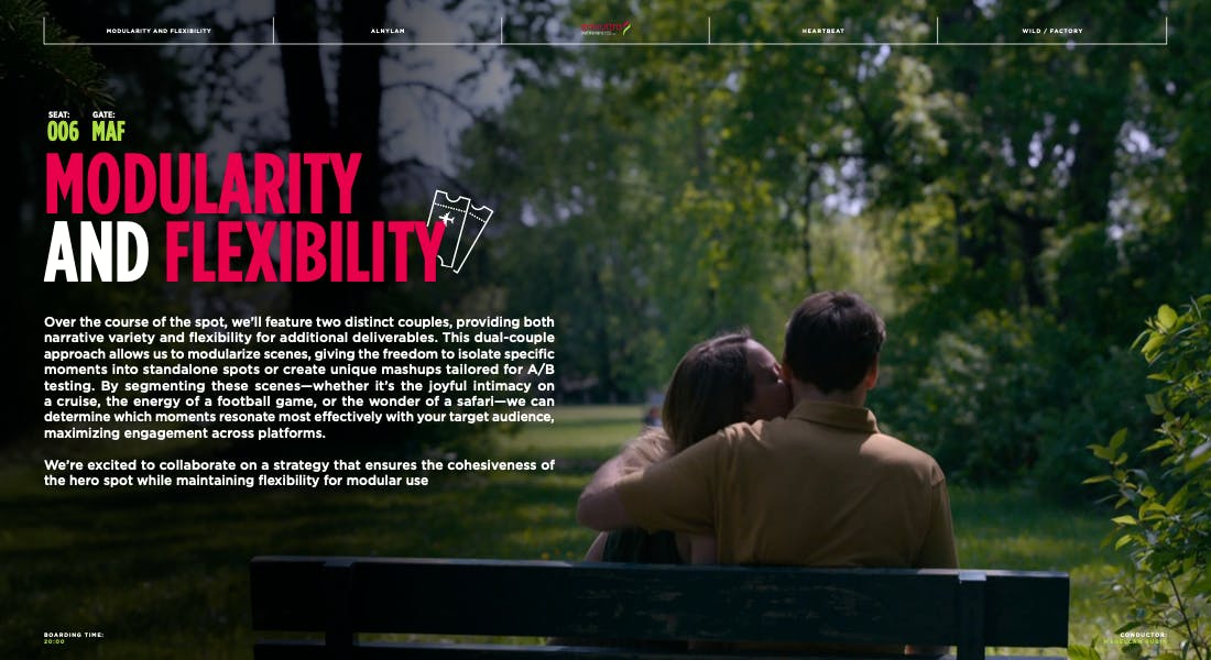 Couple sitting outdoors beside campaign text on a virtual production facility NYC portfolio page by a video production company NYC