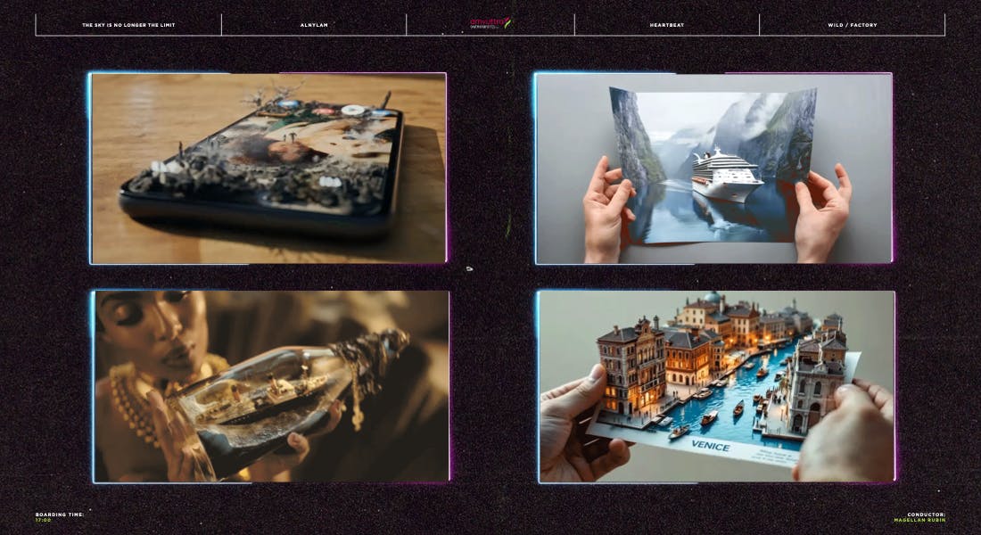 Grid of cinematic production stills on a portfolio page highlighting a Forbes 30 Under 30 creative director