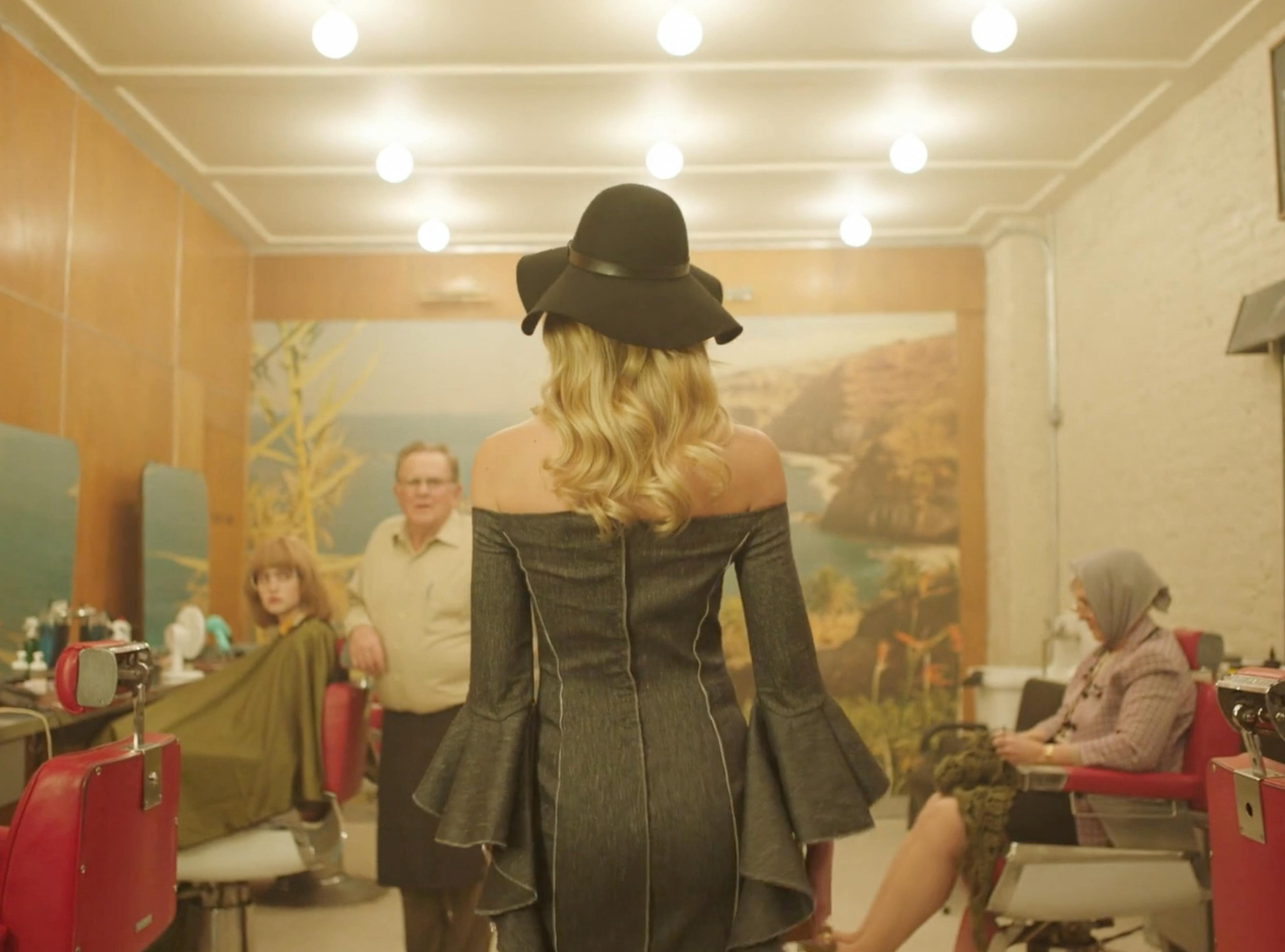 Wide hair salon scene from MICHAA fashion brand film production in New York