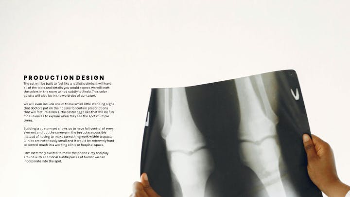 Hands holding an X-ray on a clean production and post production company presentation page