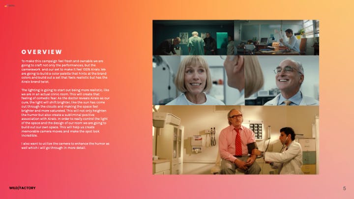 Presentation overview slide with campaign stills from an award winning video director for travel advertising