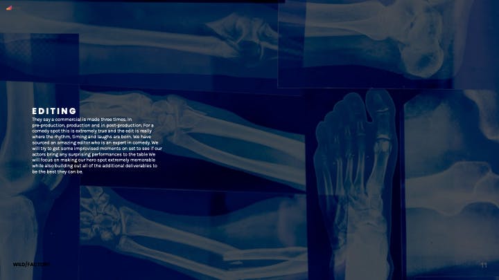 Blue X-ray themed layout from a female-led production company presentation for travel brand content