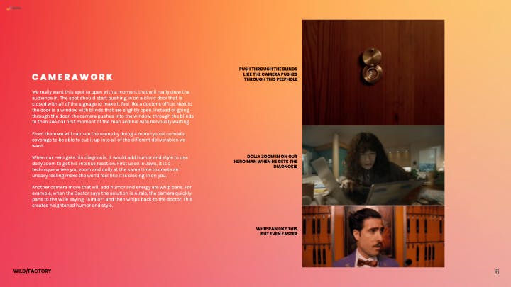 Presentation slide with campaign stills and text from leading video production services for travel brands