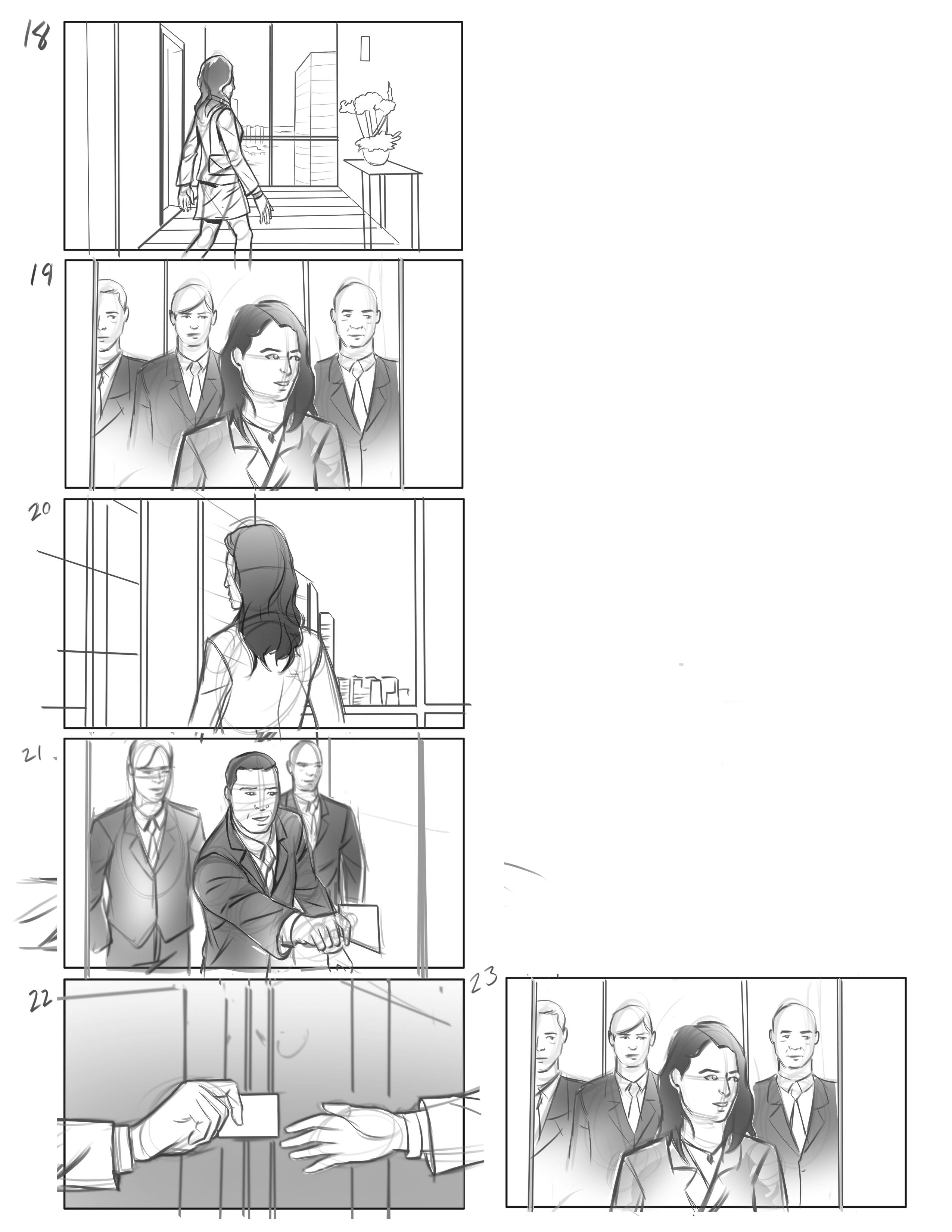 Storyboard layout for a real estate NYC advertising service showing office and meeting scenes