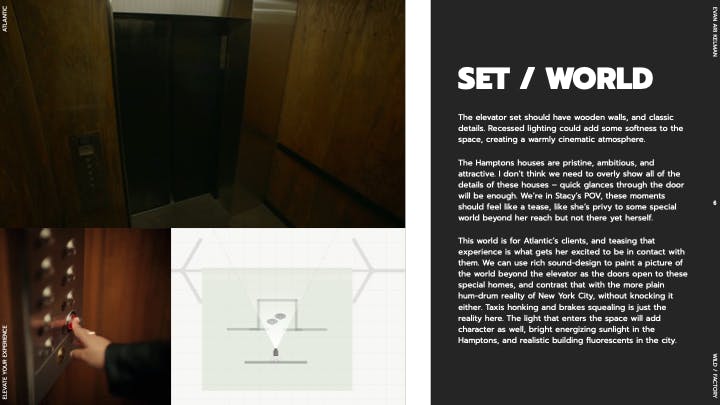 Set and world design slide with elevator imagery for a white label producer in real estate video production