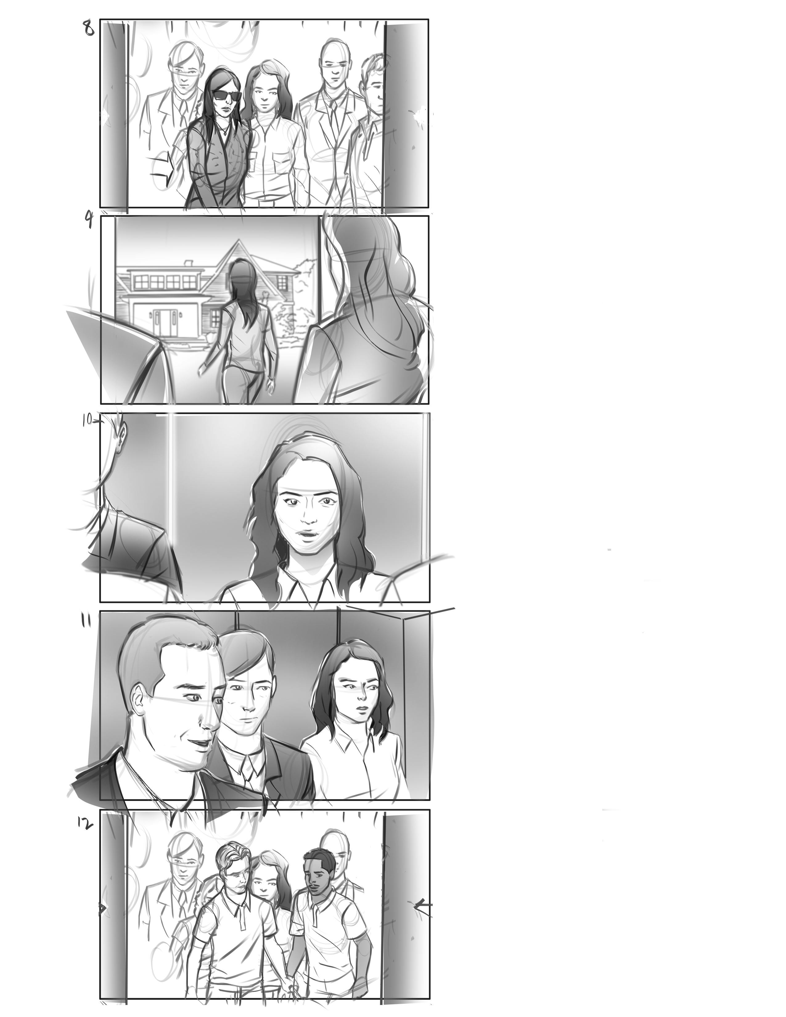 Storyboard sequence showing people in an office scene for a real estate advertising service campaign