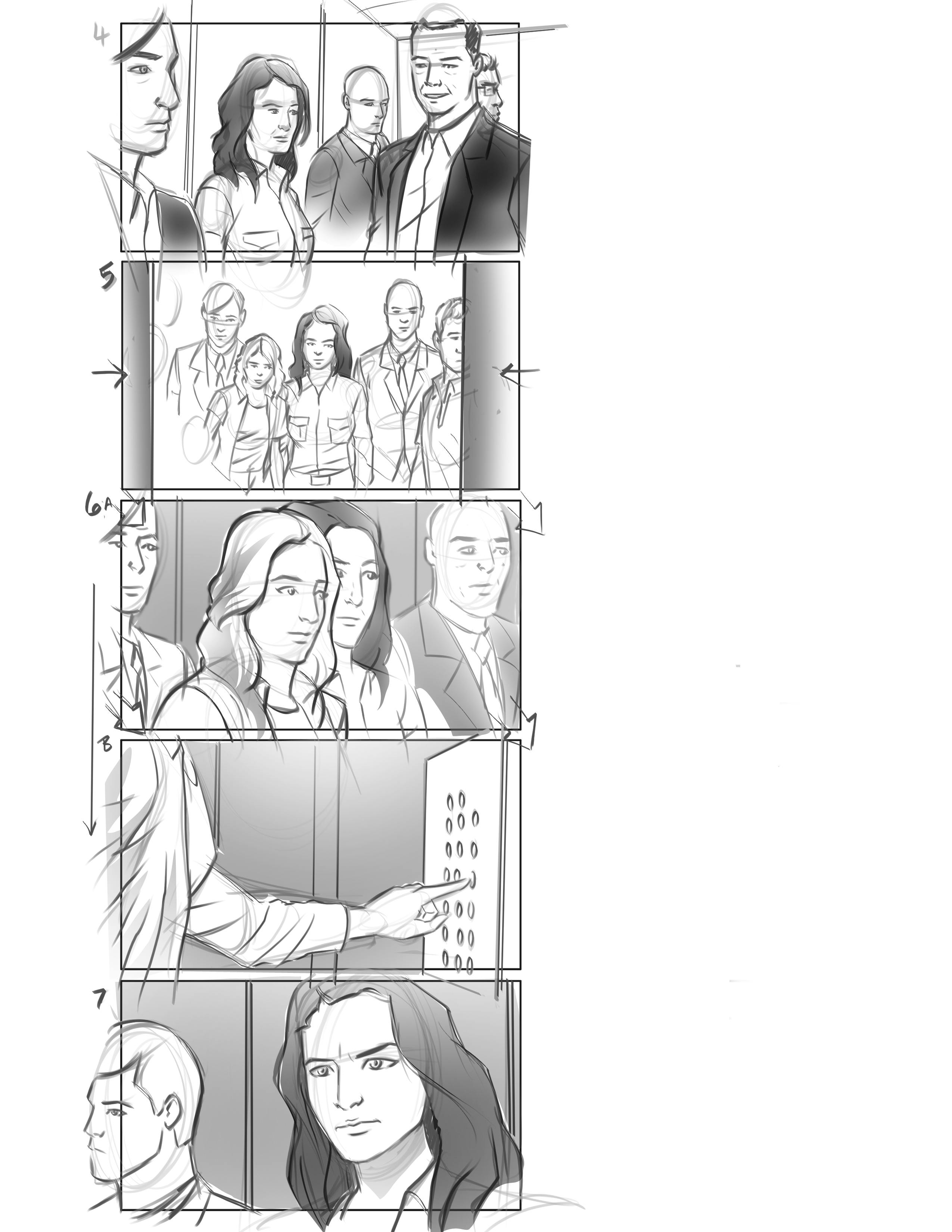 Hand-drawn storyboard frames for a real estate commercial producer planning a property campaign